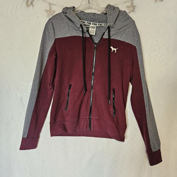 Victoria Secret Pink Small Graphic Jacket Full Zip Logo Y2k Loungewear Burgundy - Picture 2 of 8
